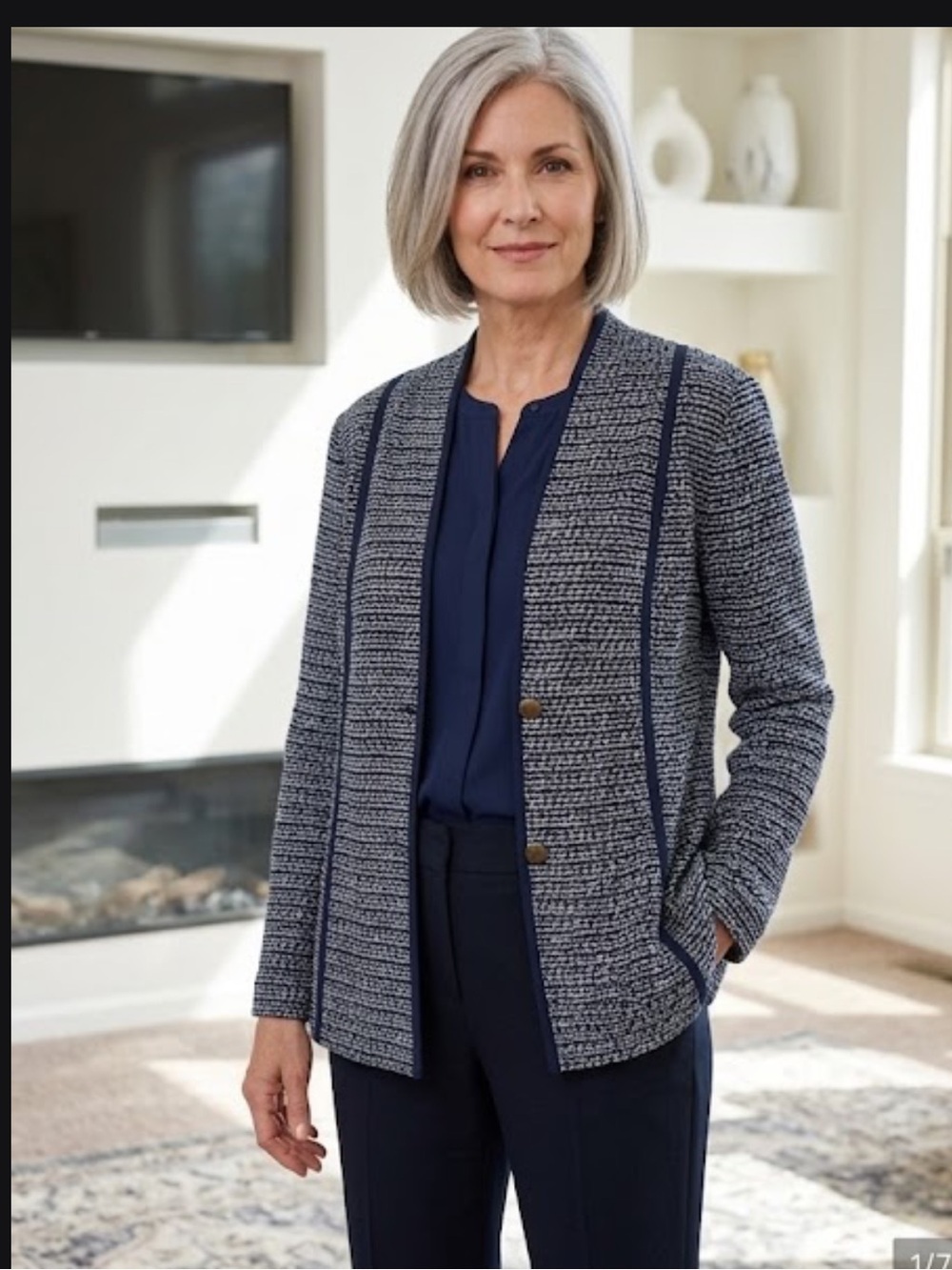 Ming Wang Navy & White Textured Open-Front Jacket